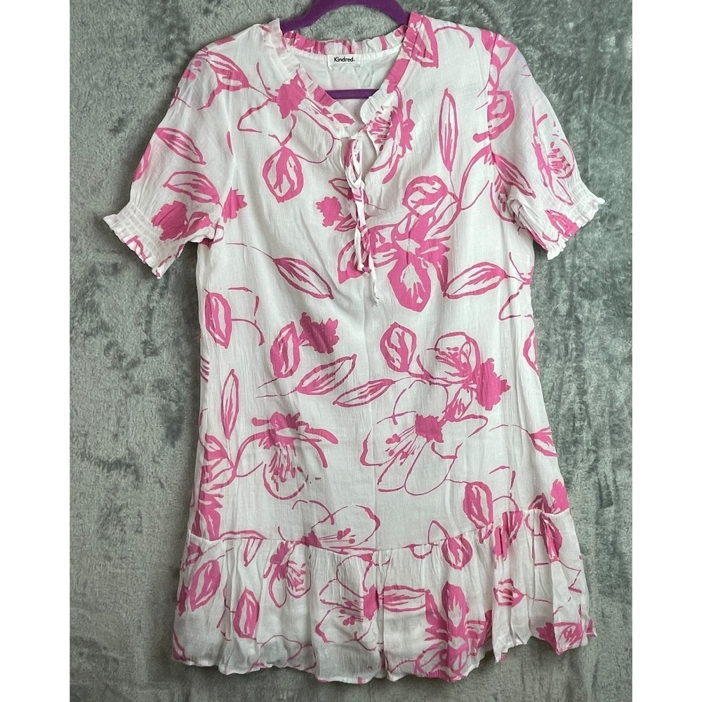Kindred Anthro Dress Womens Large White Pink Floral Mini Cottage Feminine Boho